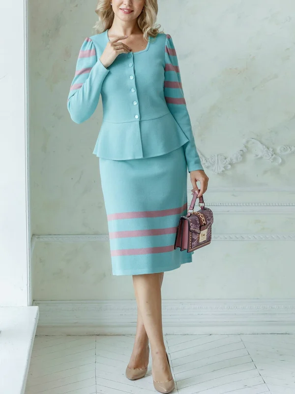 Square Neck Long Sleeve Top Skirt Suit