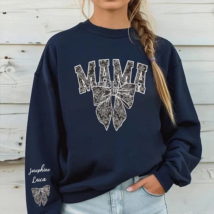 Mom White Edge Bow Mama Shirt, Gift For Mama, Perfect Mother’s Day Gift for Mom, Custom Kids Name On Sleeve