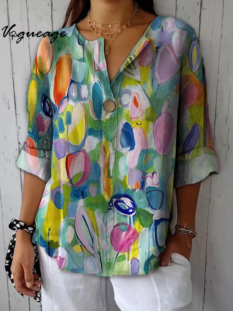 Bright Watercolor Painting Plants Printed Cotton And Linen Shirt