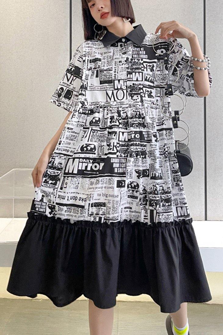VCSHOES Print Patchwork Cotton Turn-down Collar Summer Dresses