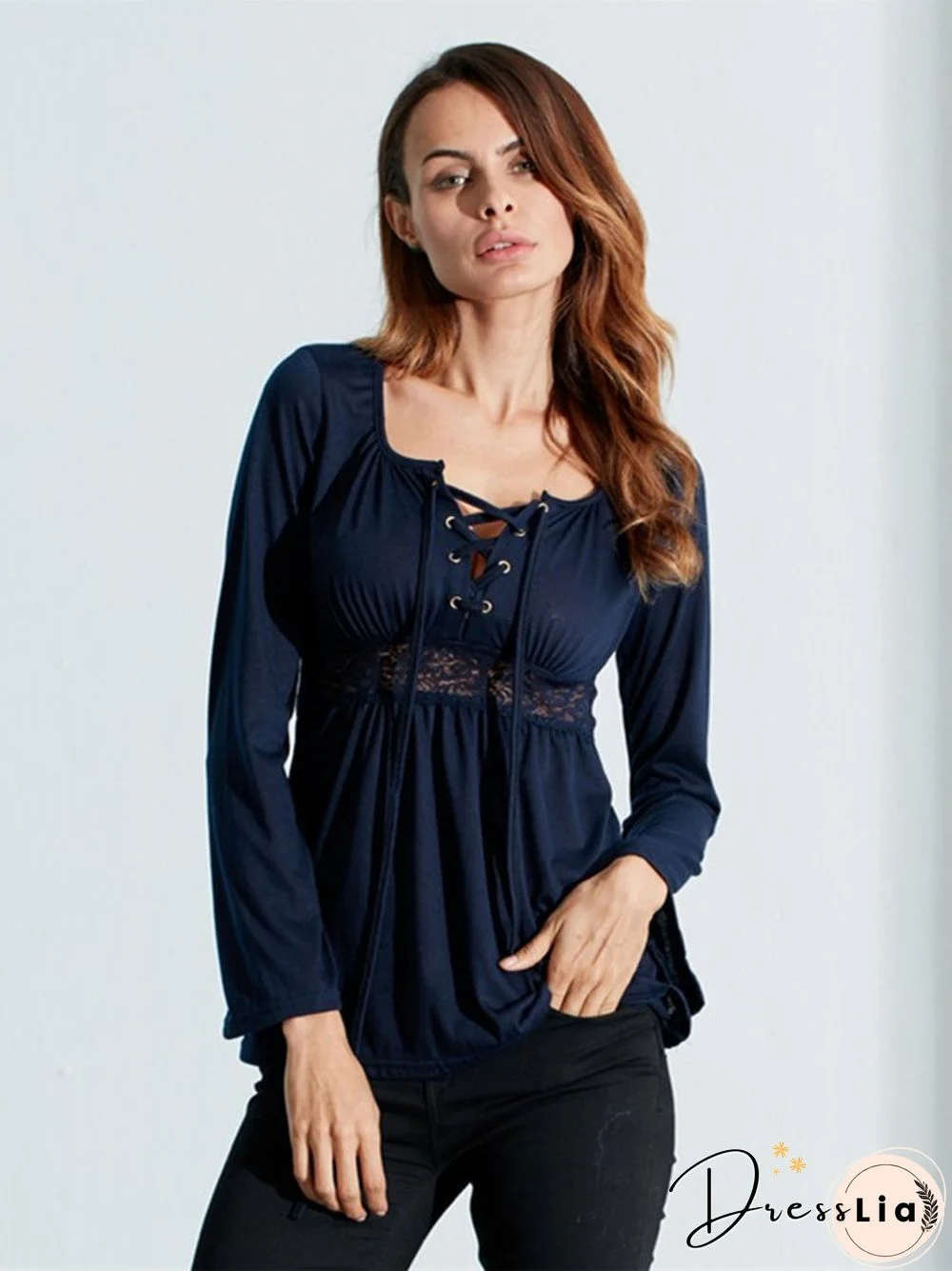 Women V-Neck Lace-up Floral Peplum Long Sleeve Shirts