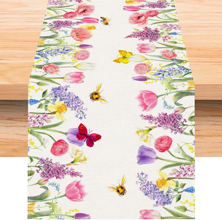 Watercolor Tulip Lavender Butterfly Linen Table Runner Wedding Decoration Easter Floral Table Runner for Home Kitchen Decor