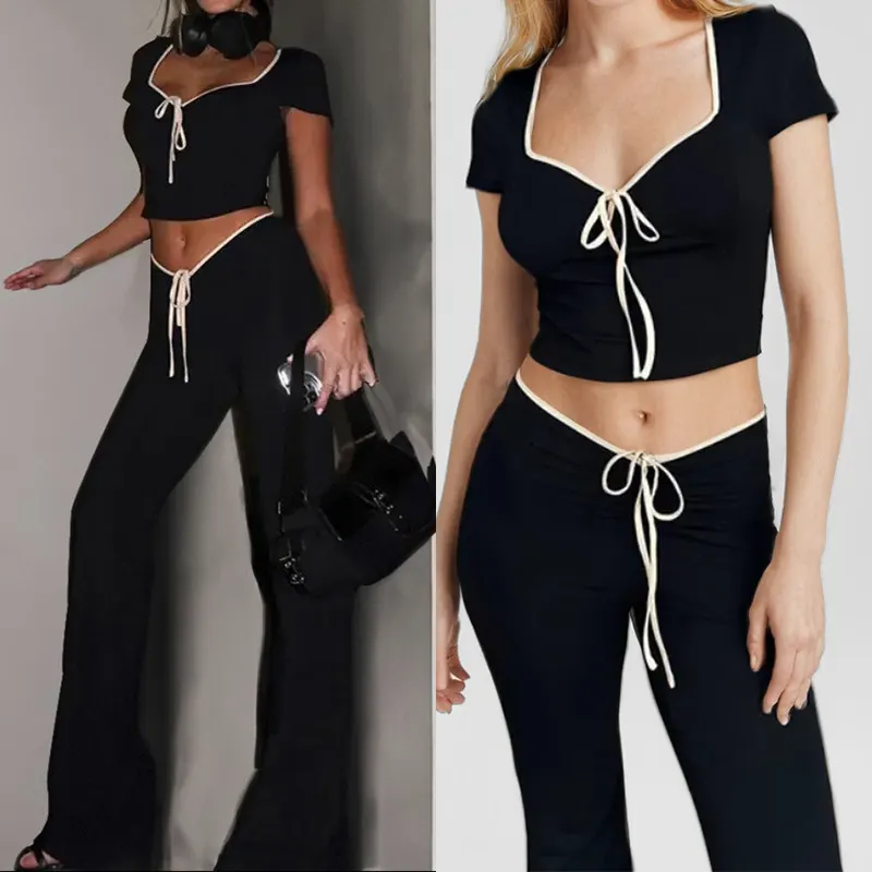 Uveng Uveng 2024 Fashion Suit New Women's Sexy Sweet Hot Girl Short Top Draw Rope Wide Leg Pants Fashion Suit