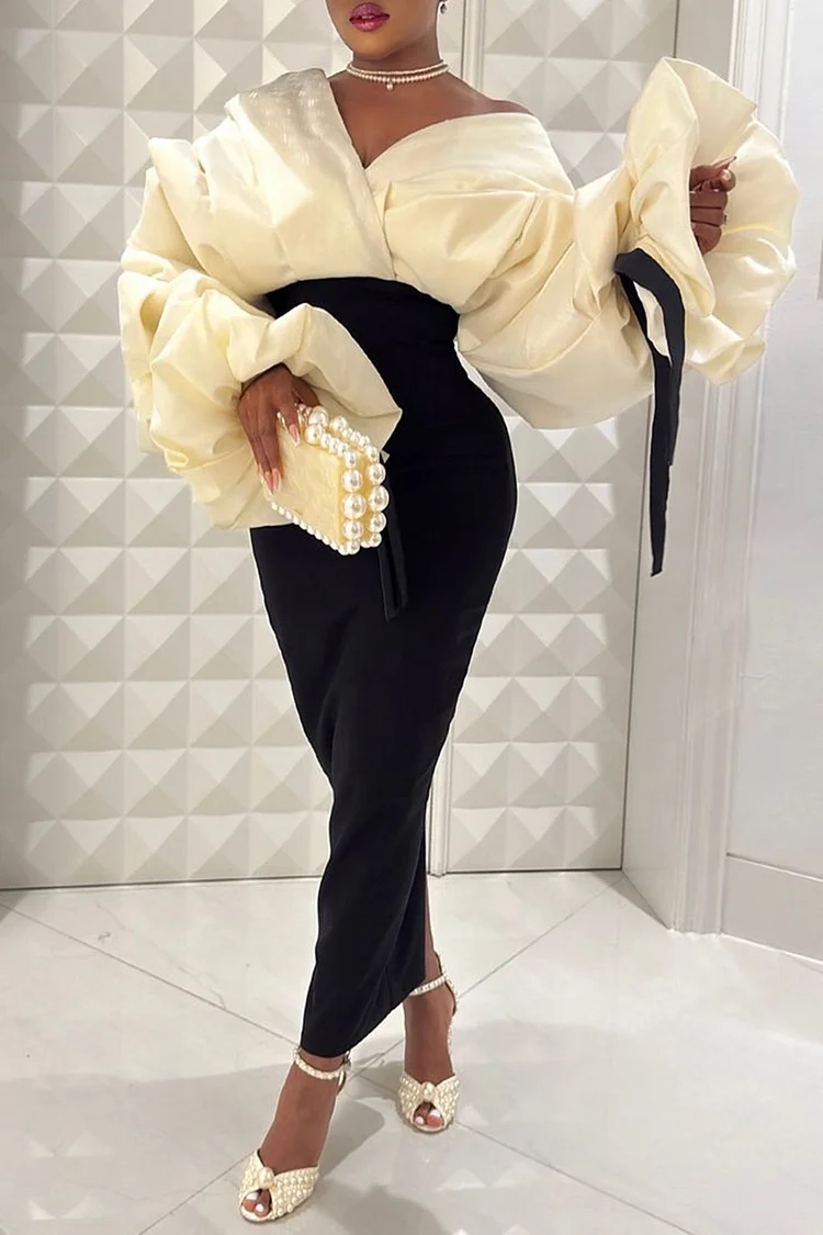 Plus Size Formal Black Wrap Neck Batwing Sleeve Long Sleeve Fold Maxi Dresses [Pre-Order]