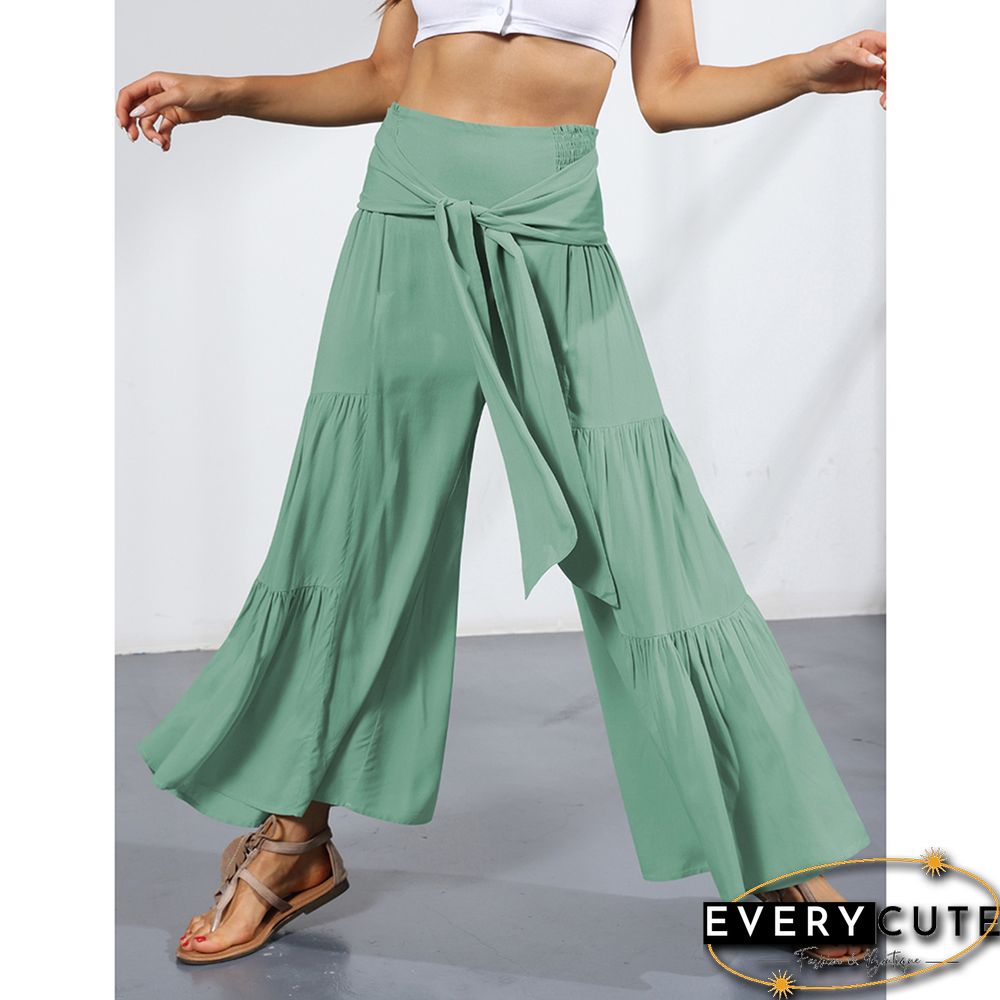 Green Smocked High Waist Palazzo Pants with Tie