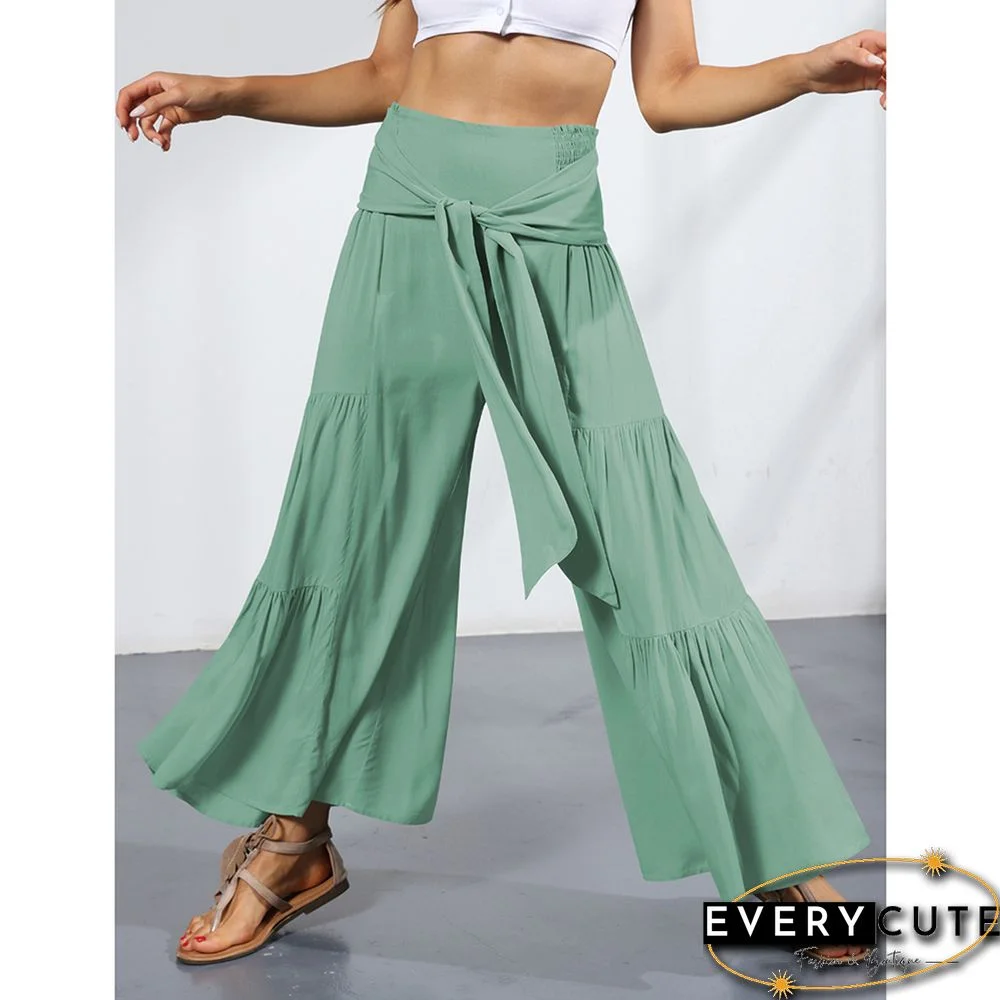 Green Smocked High Waist Palazzo Pants with Tie