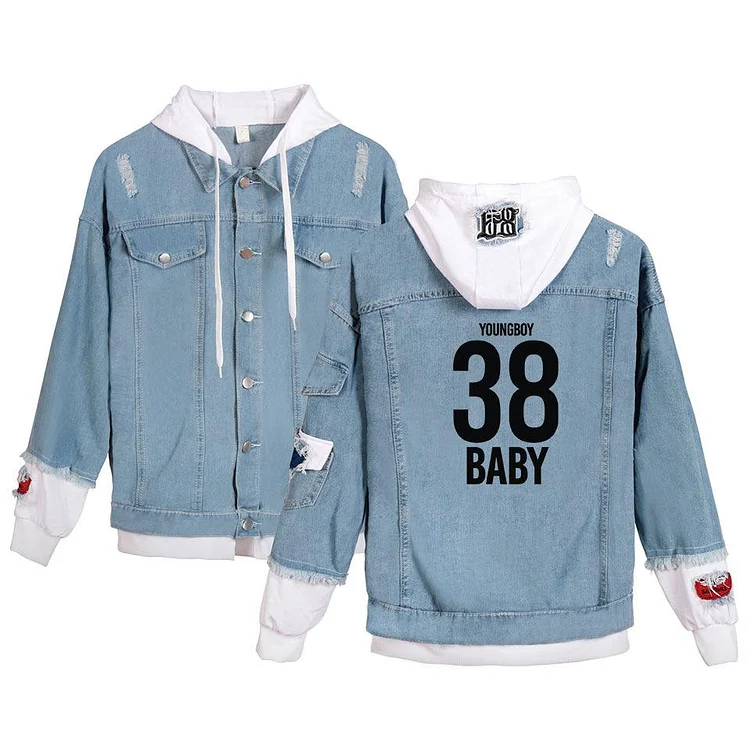 Fake Two Pieces YoungBoy Denim Hooded Jacket Jean Jacket-Mayoulove