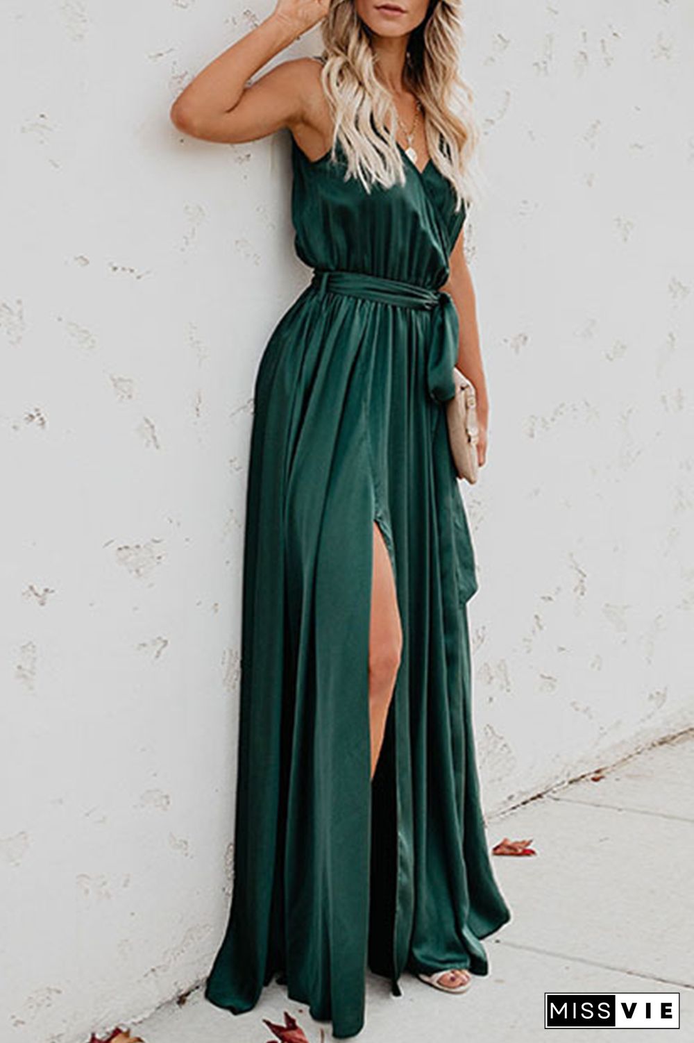 Casual Bohemian Solid High Opening With Belt V Neck Dresses