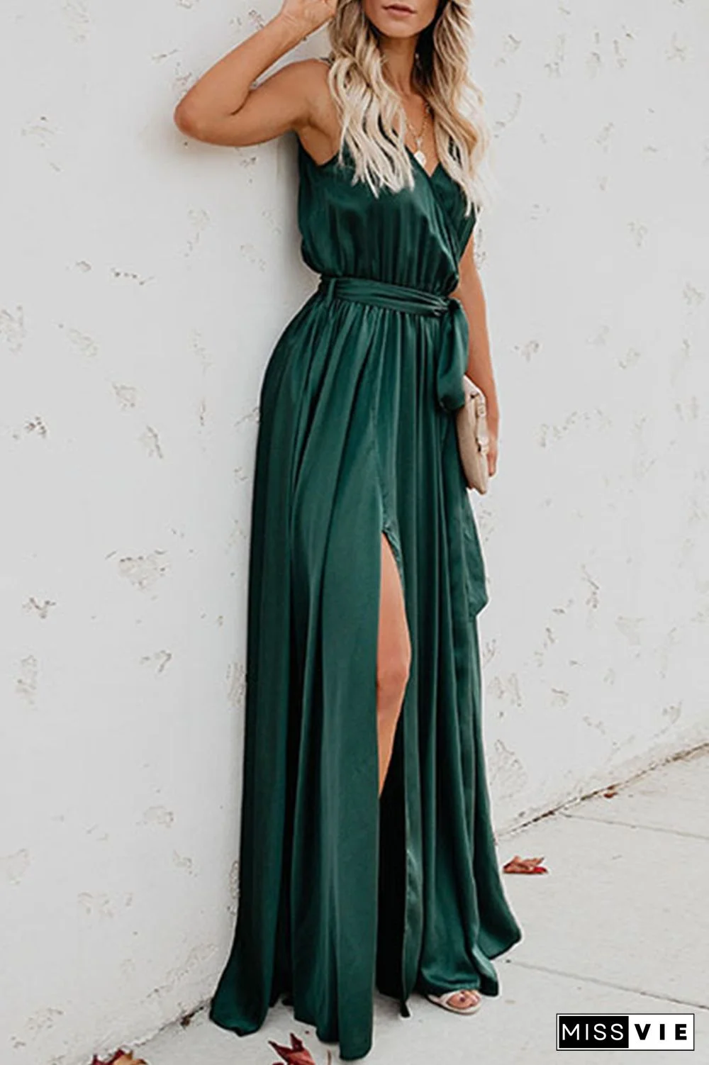 Casual Bohemian Solid High Opening With Belt V Neck Dresses