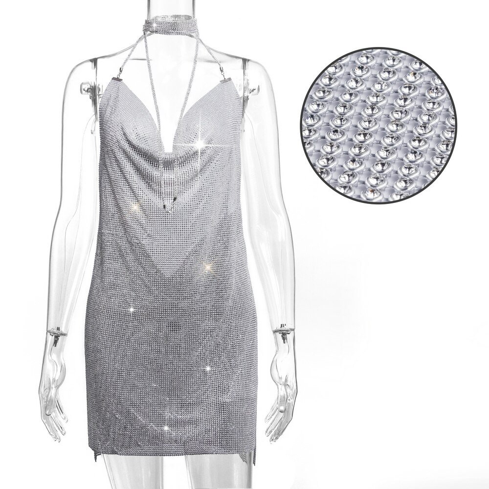 QJONG See through Rhinestone Metal chain Glitter Summer Dress Women Backless slip Sequins Mini Luxury club Party Dresses Vestidos