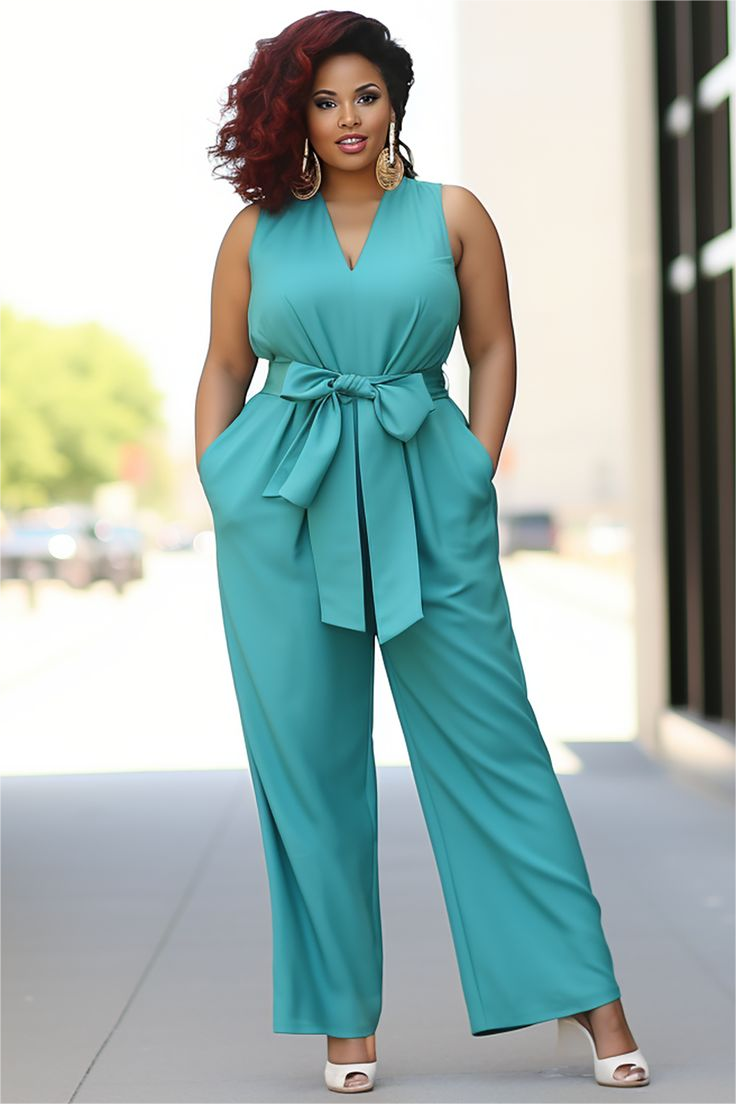 Lvs&Broner Chic Halter V Neck Sleeveless Wid-Leg Long Jumpsuit with Belt And Bowknot