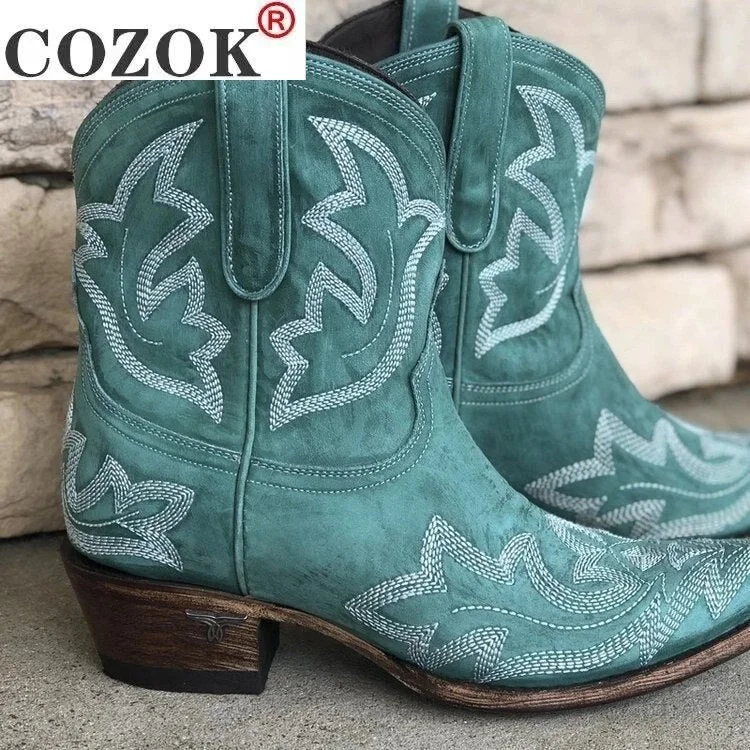 Autumn Winter Casual Western Cowboy Ankle Boots Women Snake Leather Cowgirl Booties Short Cossacks botas High Heels Shoes