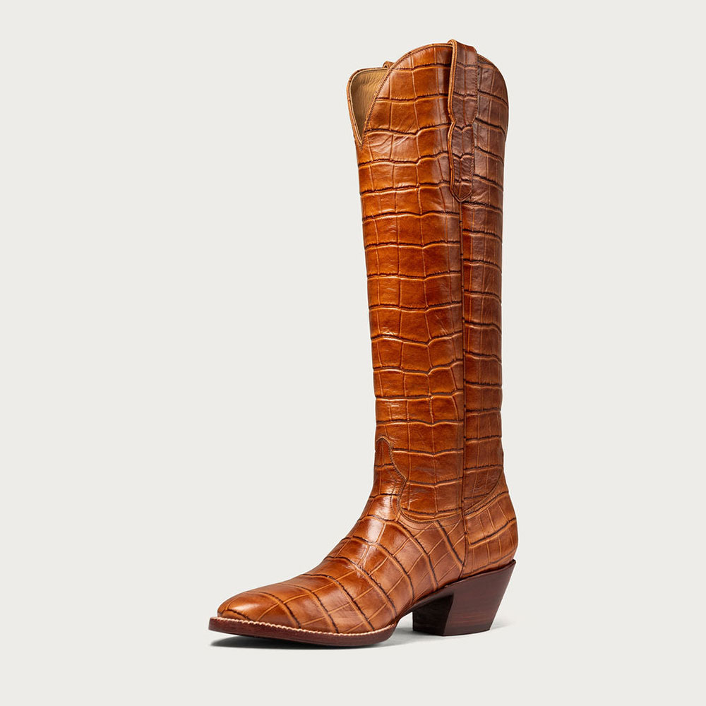 Round Toe Low Block Heel Knee High Embossed Brown Cowgirl Boots Nicepairs