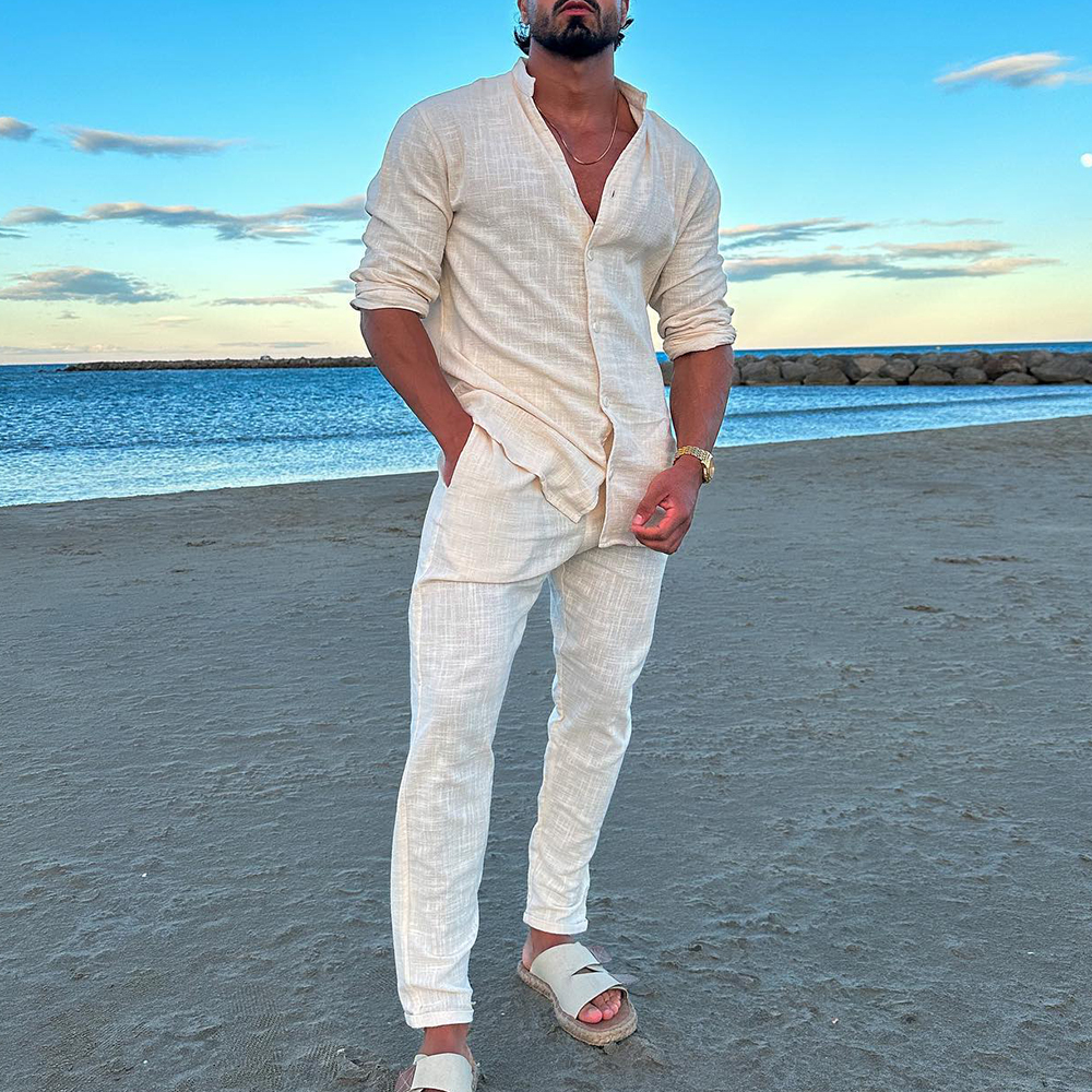 Men's Beige Cotton And Linen Resort Suit / TECHWEAR CLUB / Techwear