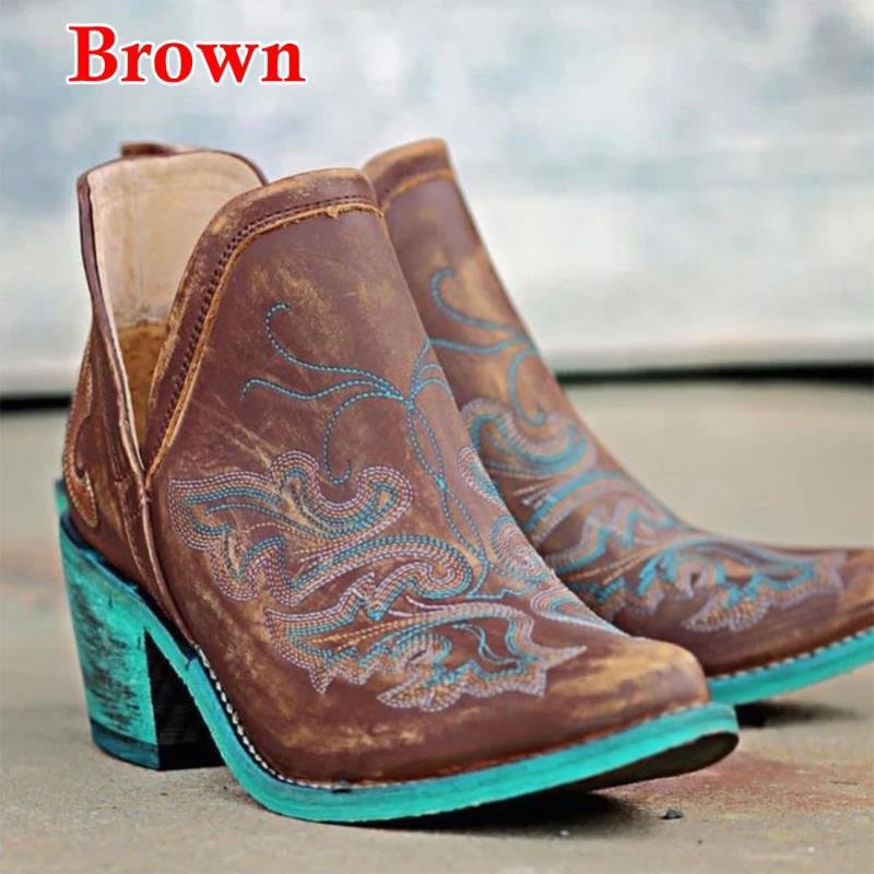 Xangg Winter Casual Western Cowboy Ankle Boots Women Leather Cowgirl Boot Short Cossacks Botas High Heels Shoes Mujer