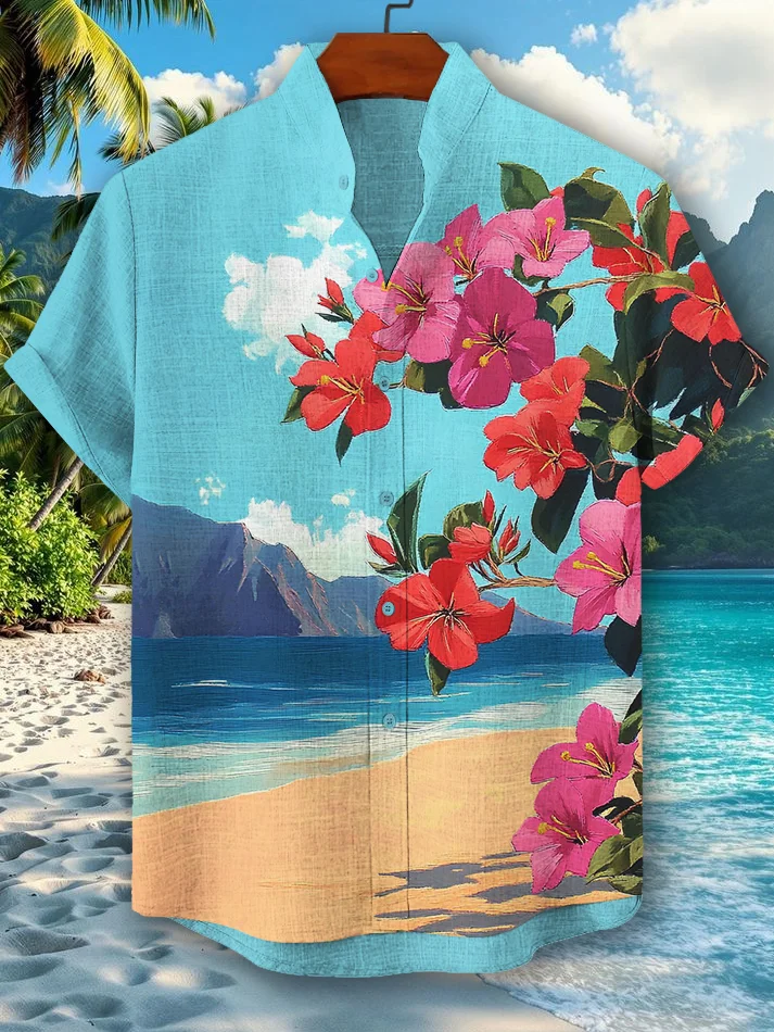Men's Hawaiian Flowers Print Vacation Short Sleeve Shirt