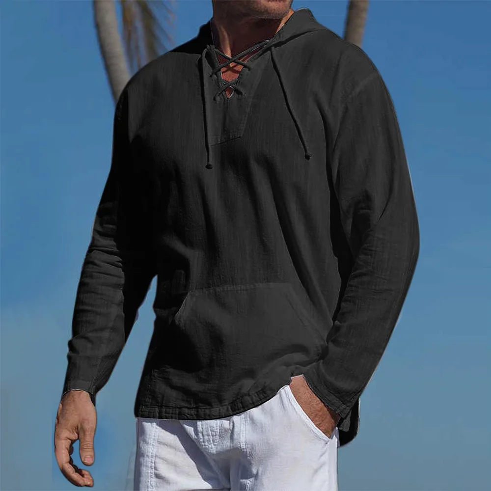 Smiledeer Men's Casual Linen Hooded Long Sleeve Shirt