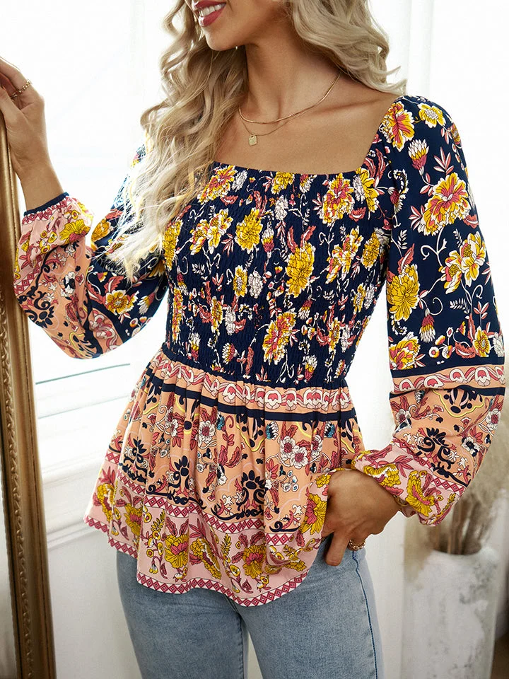 Women's Boho Blouse Top Floral Printed off Shoulder Ladies Blouse