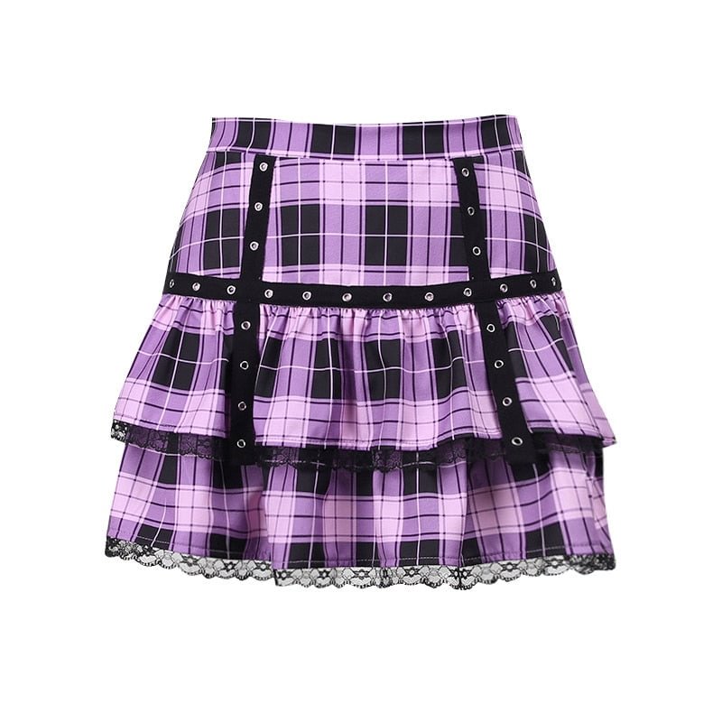 InsGoth Punk Y2K Purple Mini Skirt Mall Goth High Waist Plaid Pleated Skirts Harajuku E Girl Techwear  Lace Trim A Line Skirt