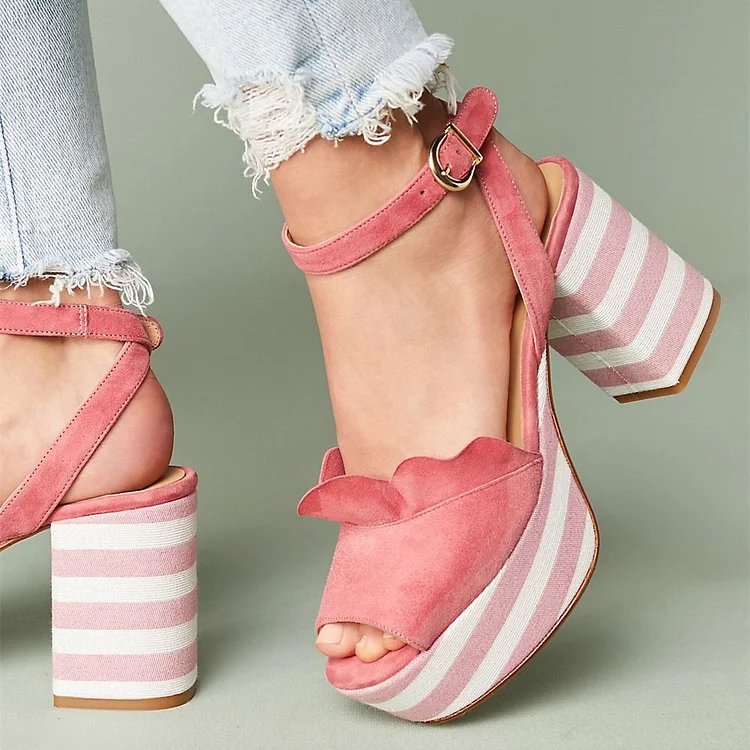 Pink Slingback Ankle Strap Suede Platform Block Heel Sandals |FSJ Shoes