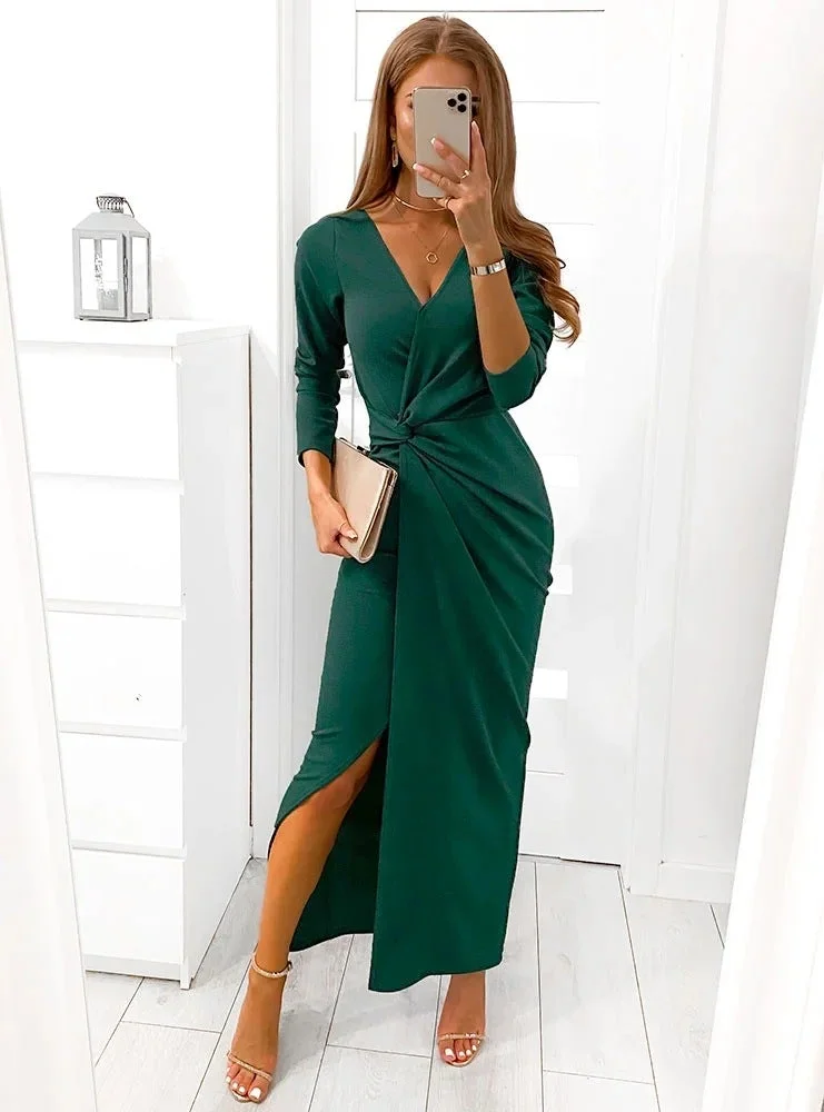 Deep V Long Sleeve Split Party Dress
