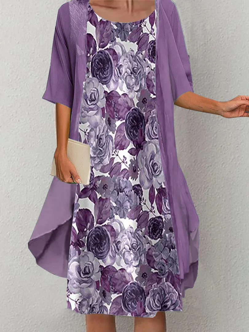 Women Half Sleeve Scoop Neck Floral Printed Two-Piece Midi Dress