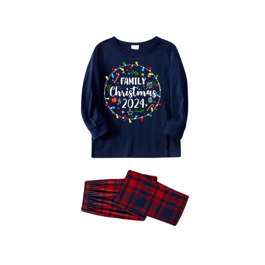 Christmas Light and "Family Christmas 2024" Printed Red and Blue Plaid Christmas Matching Pajamas