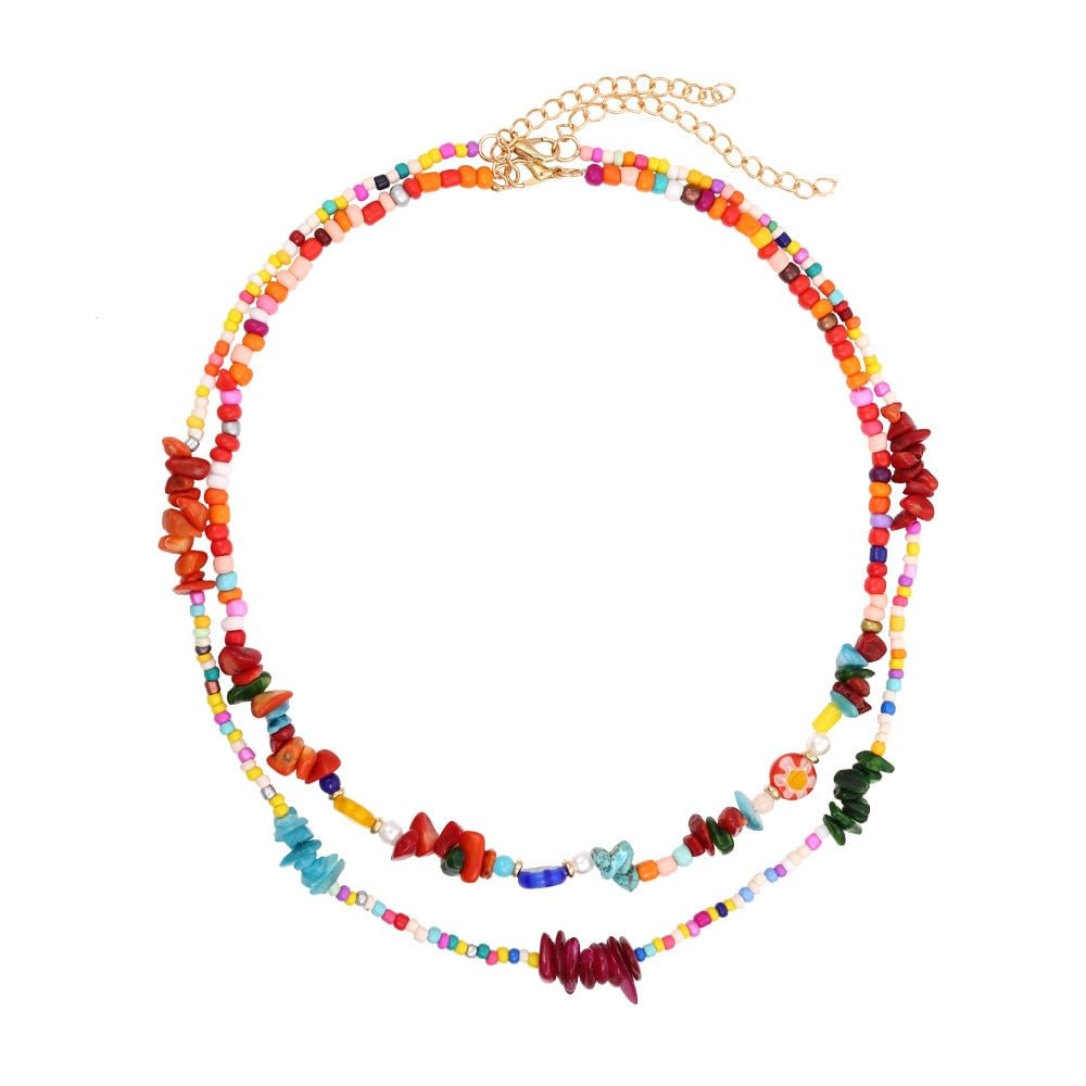 Dvacaman Boho Colorful 2pcs/set Beads Chain Necklace Trendy Ethnic Multi Layer Beaded Choker Necklace for Women Party Jewelry