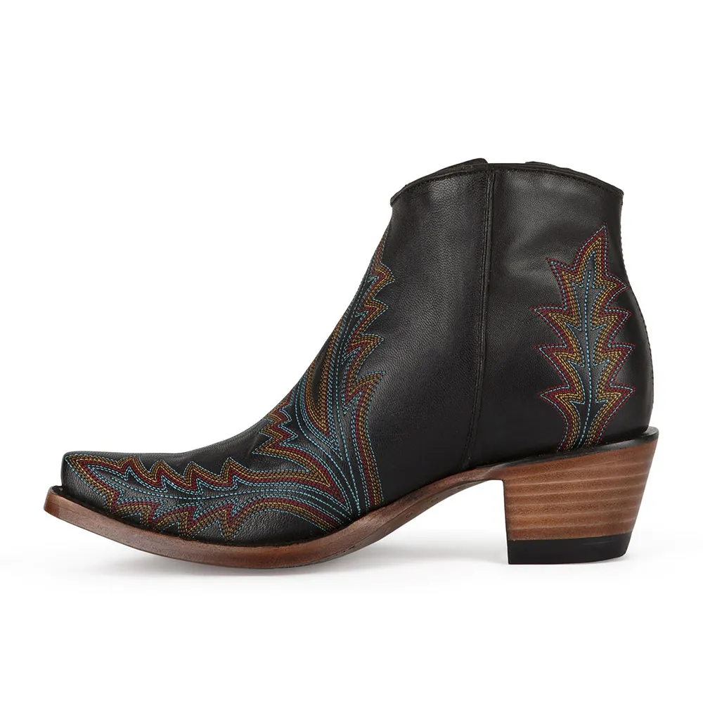Black Snip Toe Embroidered Stacked Heel Zipper Western Boots for Women