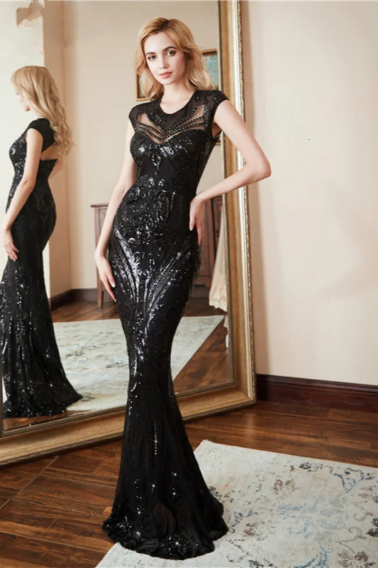 black cap sleeves sequins mermaid prom dress