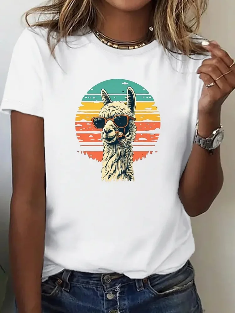 Women's Alpaca Wearing Sunglasses Printed Round Neck Casual Short Sleeve T-Shirt