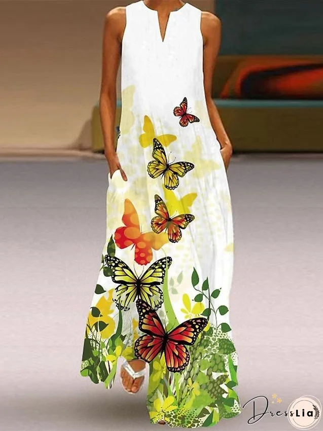 Long Dress Maxi Dress Casual Dress Summer Dress Print Dress Leaf Floral Butterfly Casual Modern Outdoor Daily Holiday Pocket Print Sleeveless V Neck Dress Regular Fit Black White Yellow for Women