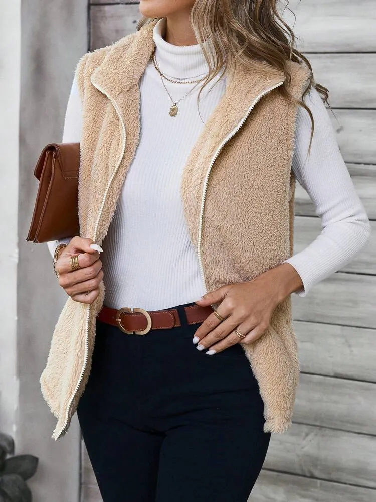 Women's Casual Solid Color Stand Collar Sleeveless Fluffy Jacket, Autumn/Winter