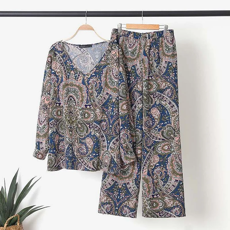 Women's 2 Piece Set Hippie Vintage Floral Print V-Neck Top and Loose Pant Bohemian Two Piece Set
