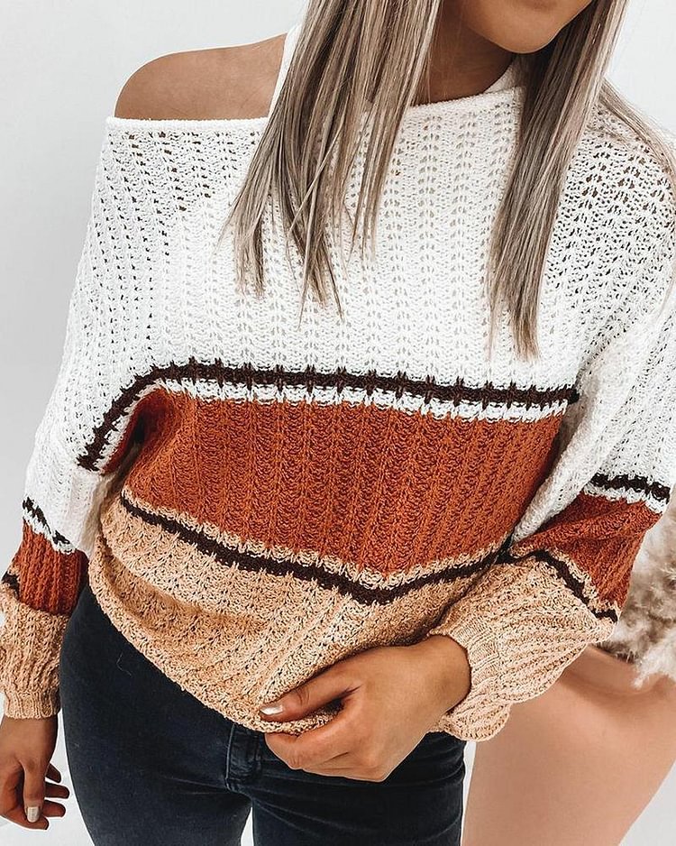 Colorblock Striped Pointelle Knit Boat Neck Sweater - Shop Trendy Women's Clothing | LoverChic