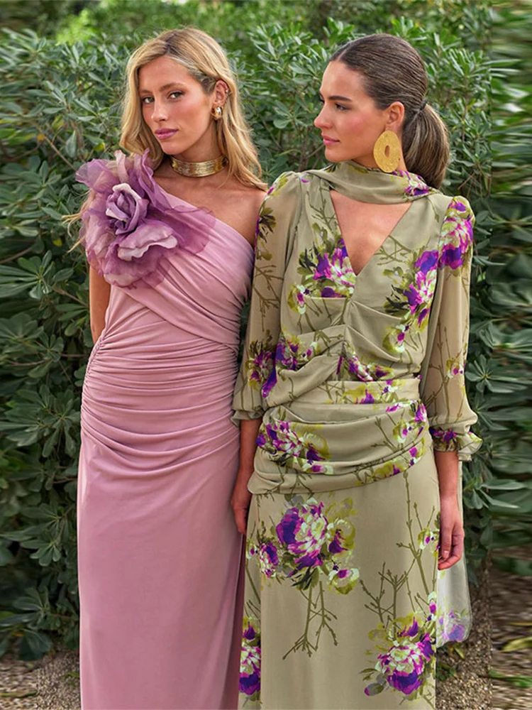 Uveng Women Elegant Flower Printed Gauze Pleated Dress Suits Chic V Neck Full Sleeved Top High Waist Long Dresses Set Lady Party Wear 413-0