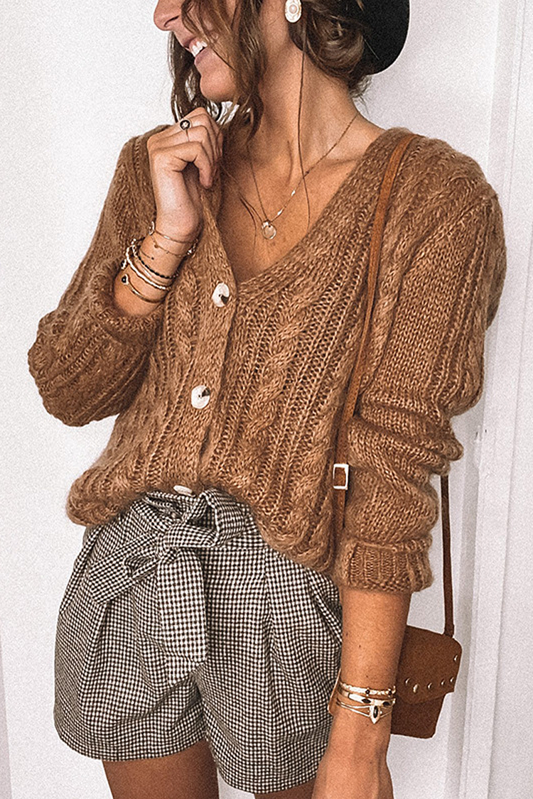 Solid V-Neck Cardigan Knitted Sweater