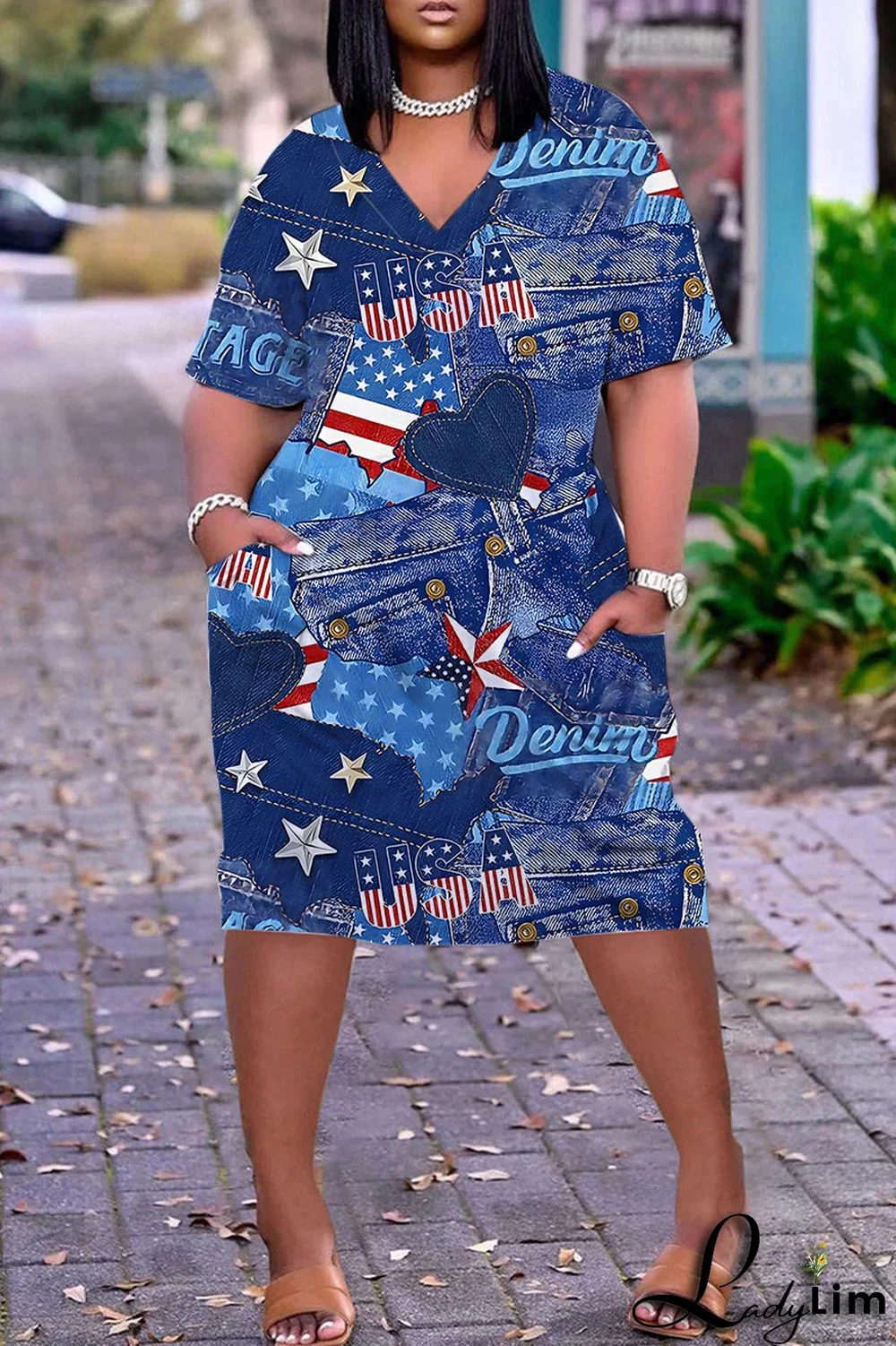 Blue Casual Print Patchwork Basic V Neck Short Sleeve Dress