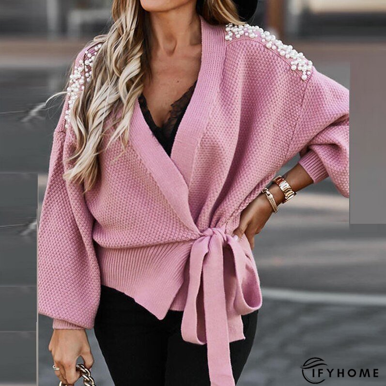 Christmas Gift Women Casual Long Sleeve Tops Fashion Tie Front Sweaters Autumn Ladies Winter Elegant Beaded Drop Shoulder Cardigan Sweater | IFYHOME