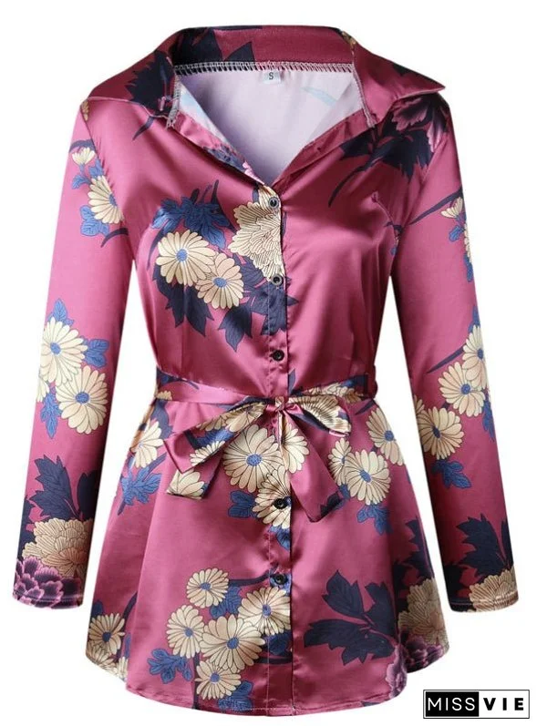 Floral Print Notched Dress Women Summer Long Sleeve Sexy Split