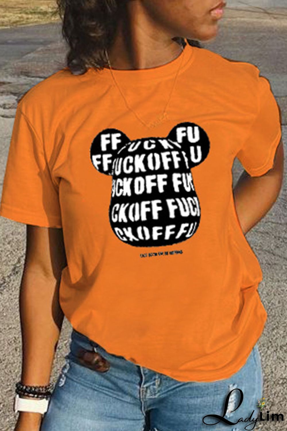 Orange Fashion Casual Cartoon Print Basic O Neck T-Shirts