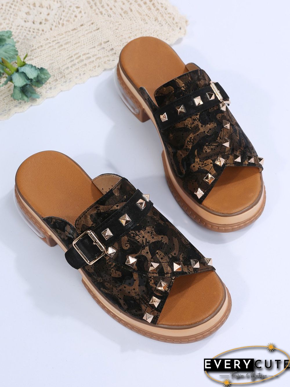 Urban Studded Snake Print Chunky Heel Slippers