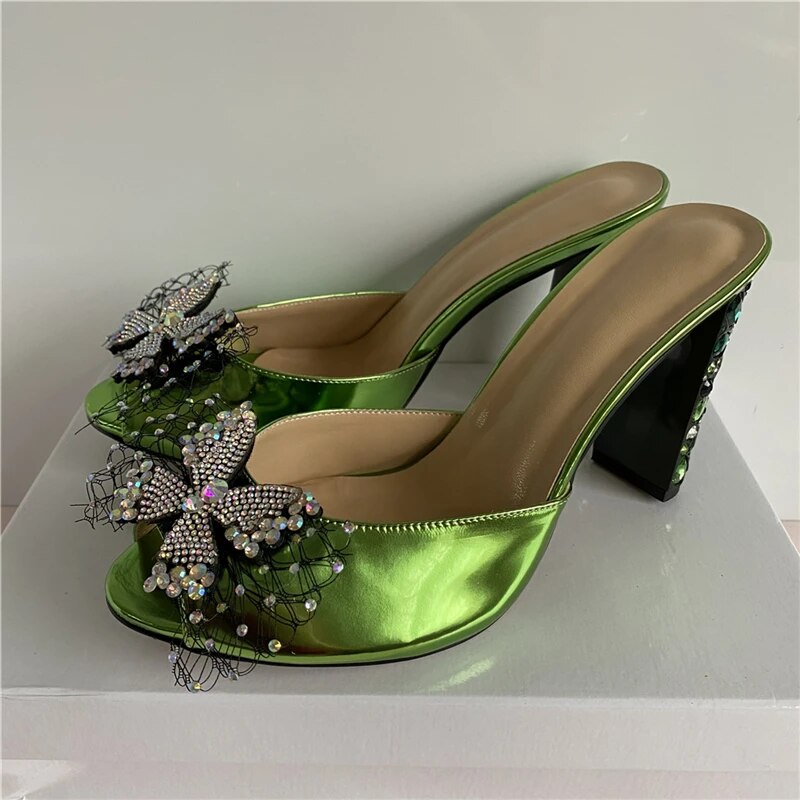 VCSHOES Diamond Flower Sandals Women Crystal High Heels Peep Toe Slingbacks Slim Runway Mules For Lady