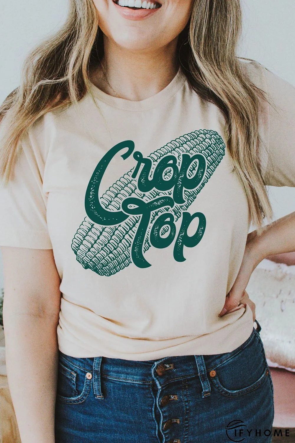 Khaki Corn Crop Top Graphic Tee | IFYHOME