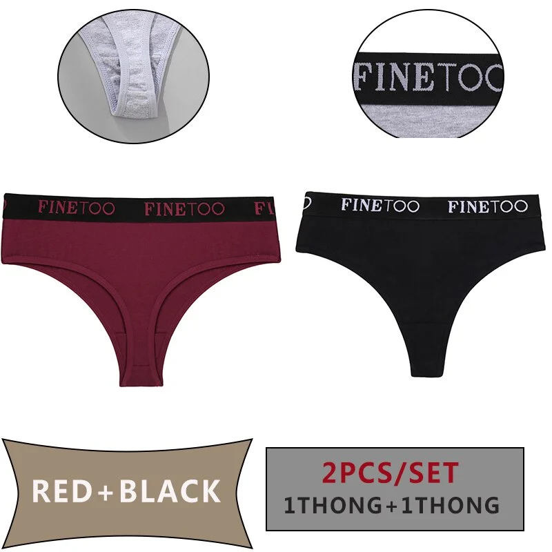 FINETOO 2PCS/Set Women Cotton Panties Sexy Letter Underwear Panty Thong Low Waisted 1Panty+1G-string Brief Tanga Lingerie Femme