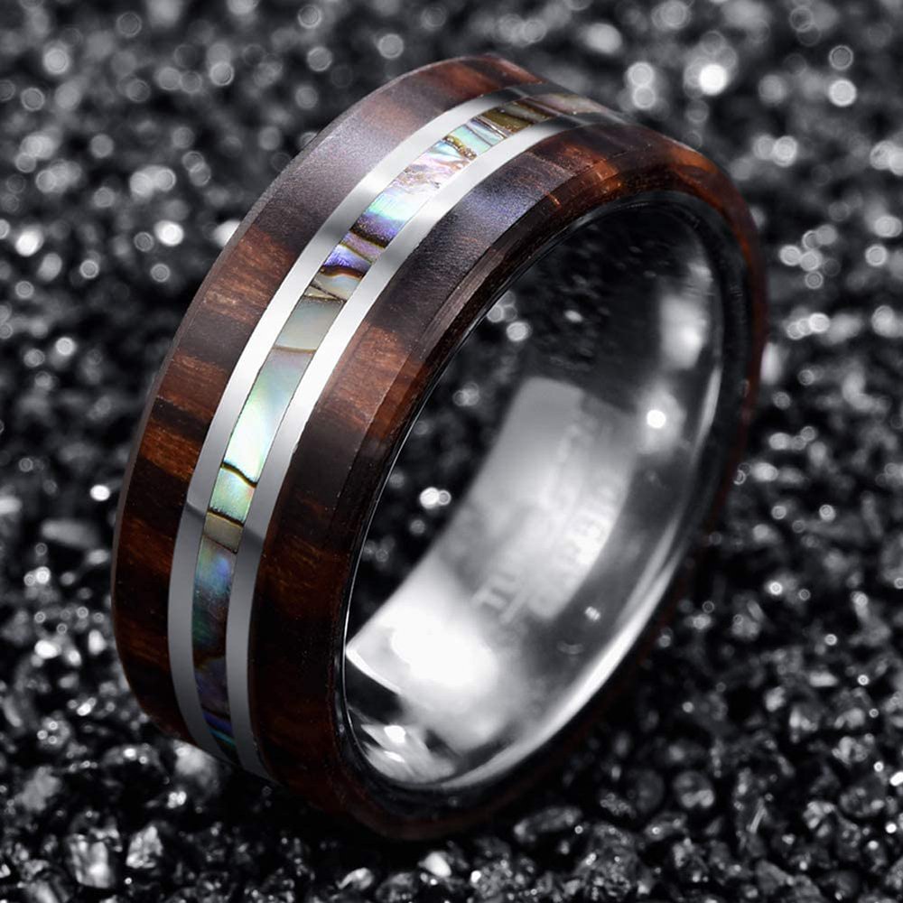 Bague Mariage/fiançailles Tungstène - Incrustation Nacre Abalone 8mm, Finition Argentée - Homme/femme