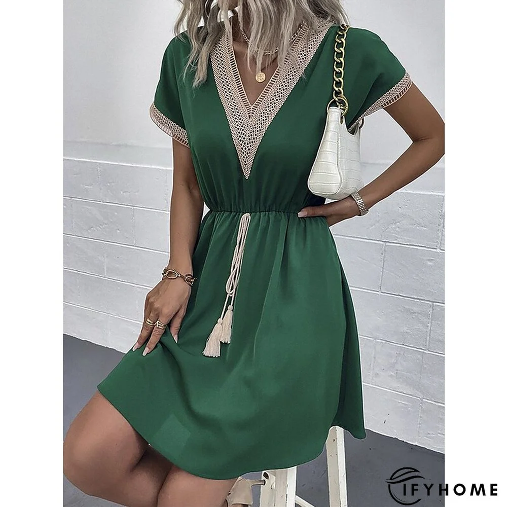 Women's Casual Dress Summer Dress Loose Dress Plain Drawstring Lace Trim V Neck Mini Dress Active Fashion Outdoor Daily Short Sleeve Loose Fit Black White Blue Spring Summer S M L XL | IFYHOME