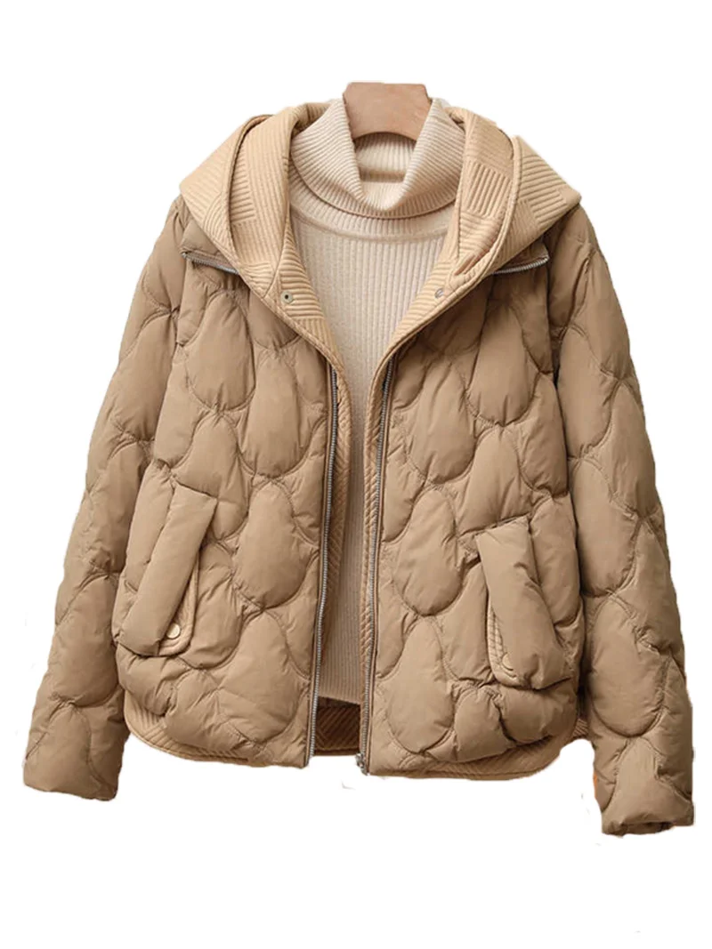 Woherb Fake Two Knitted Splicing Down Jacket Female 2024 Winter New Korean Version Fashion High-End Hooded White Duck Down Coat-Outfit Ideas