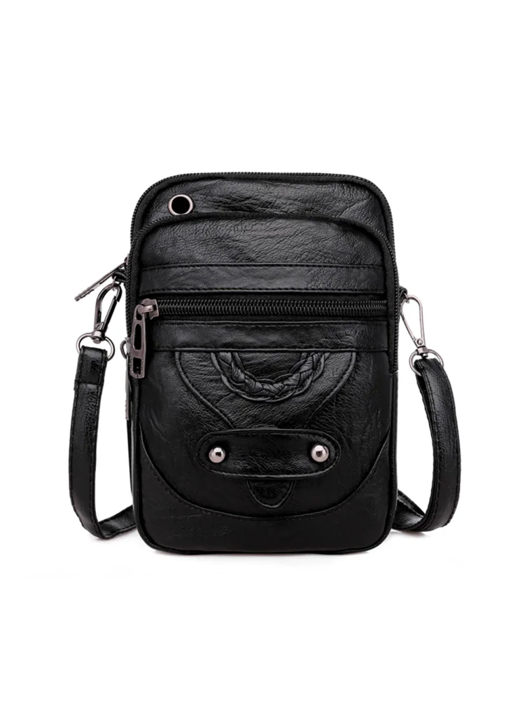 Women Solid Color Zipper Soft PU Mini Shoulder Bags Messenger Bags (Black)