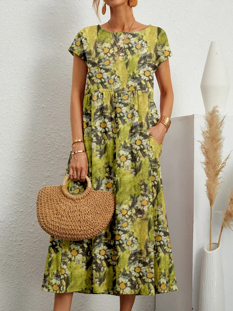Women's Loose Sleeveless Round Neck Printed Cotton and Linen Dress